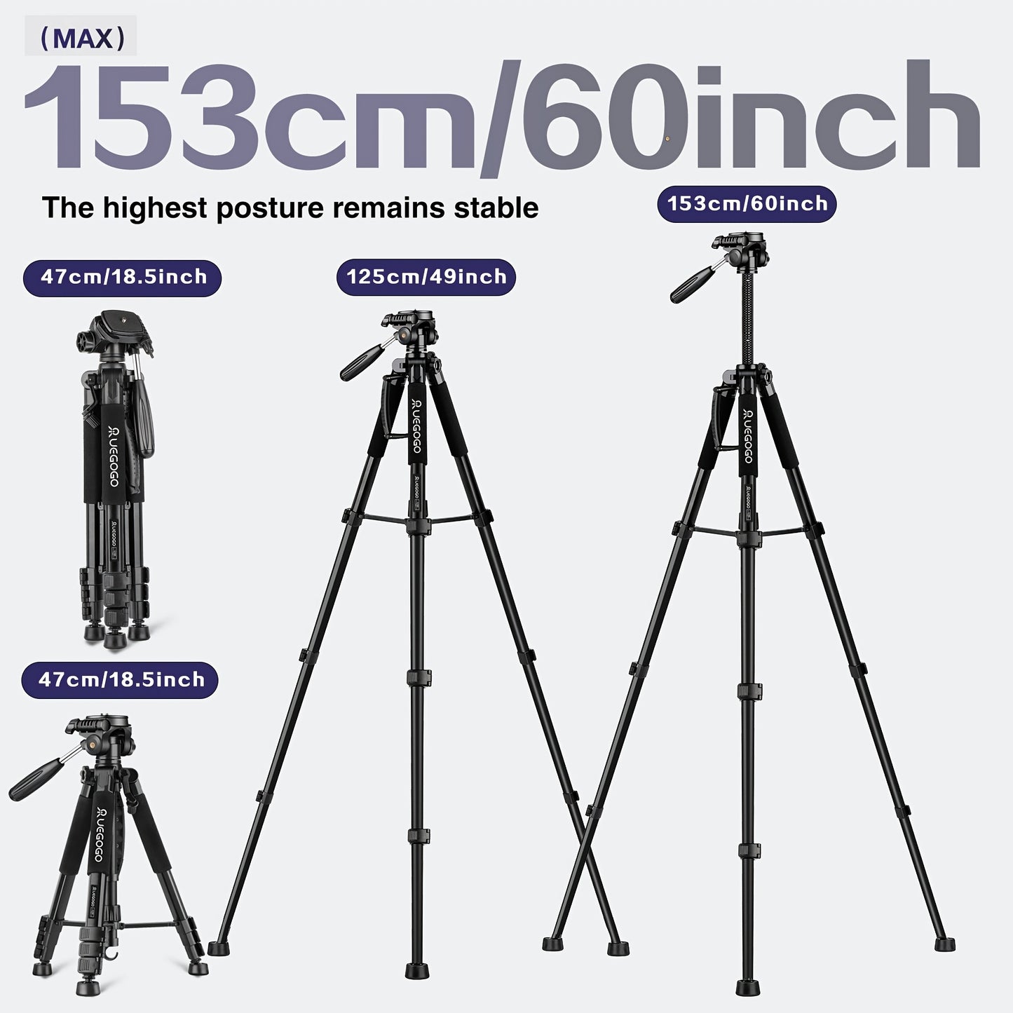 60-inch UEGOGO Aluminum Tripod with 360-Degree Rotating Ball Head for Cameras and Smartphones, Perfect for Photography, Video, Projection, and Live Streaming - Black