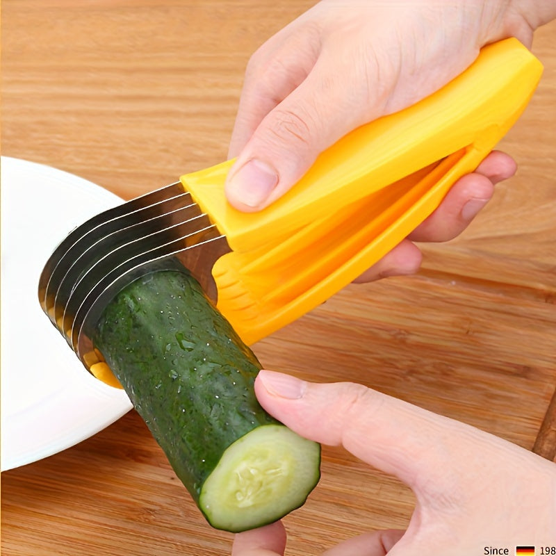 Non-electric multi-layer blade banana & cucumber slicer for safe food contact in kitchen or bathroom, battery-free.