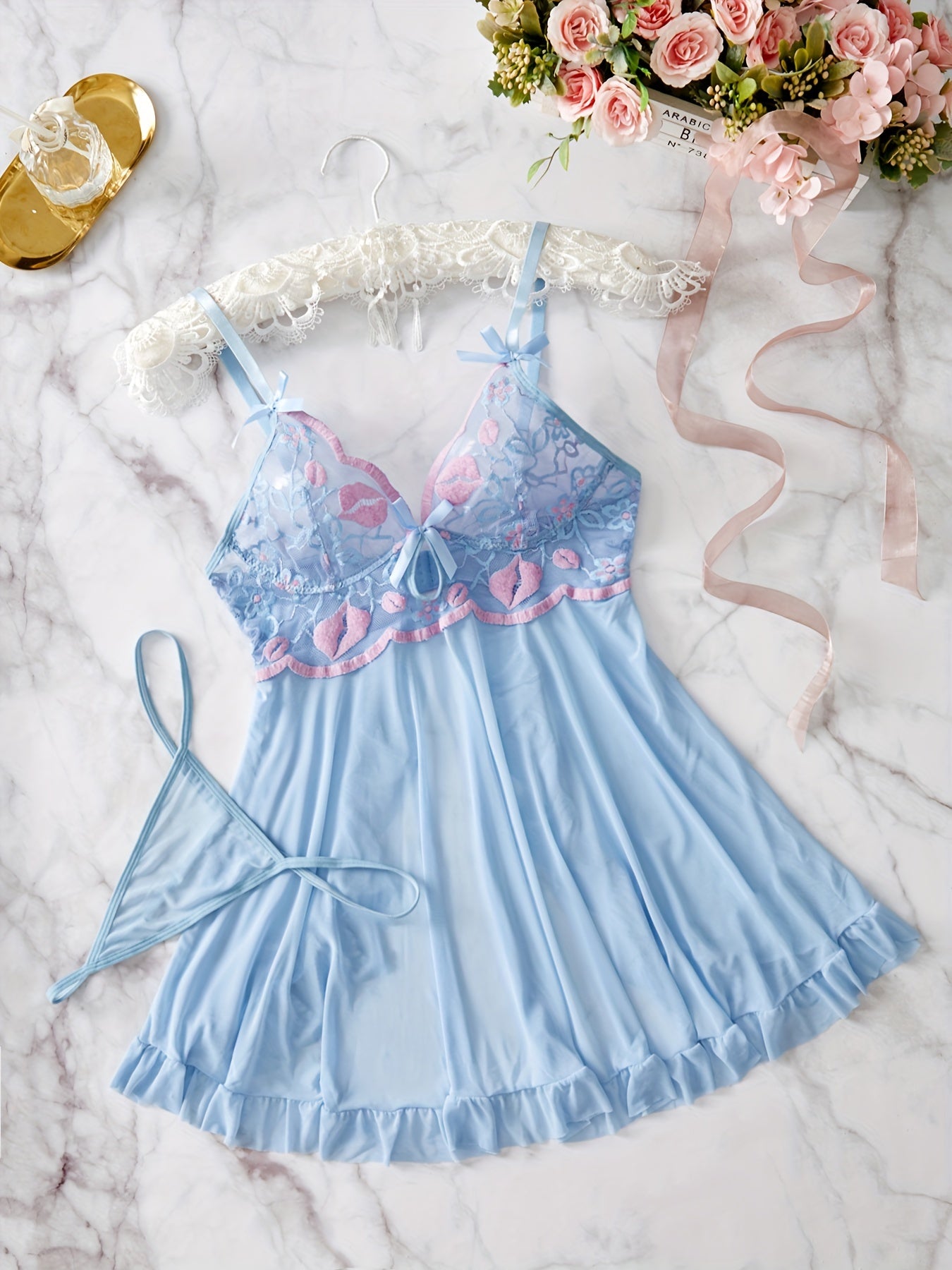 Lace Patchwork Suspender Dress Set for Women