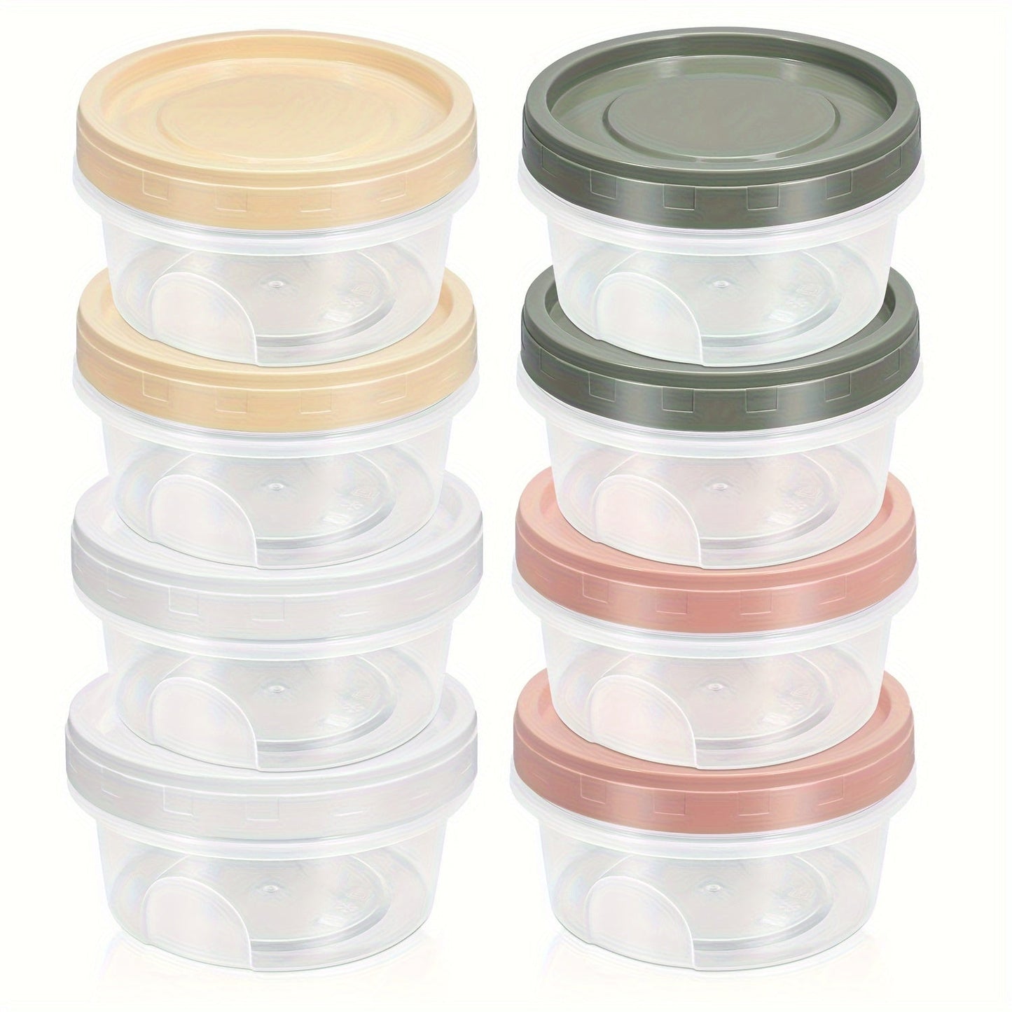 Five pieces of round plastic containers with reusable lids, ideal for storing food, snacks, and lunch. These small freezer storage jars come with screw lids and are microwave safe.