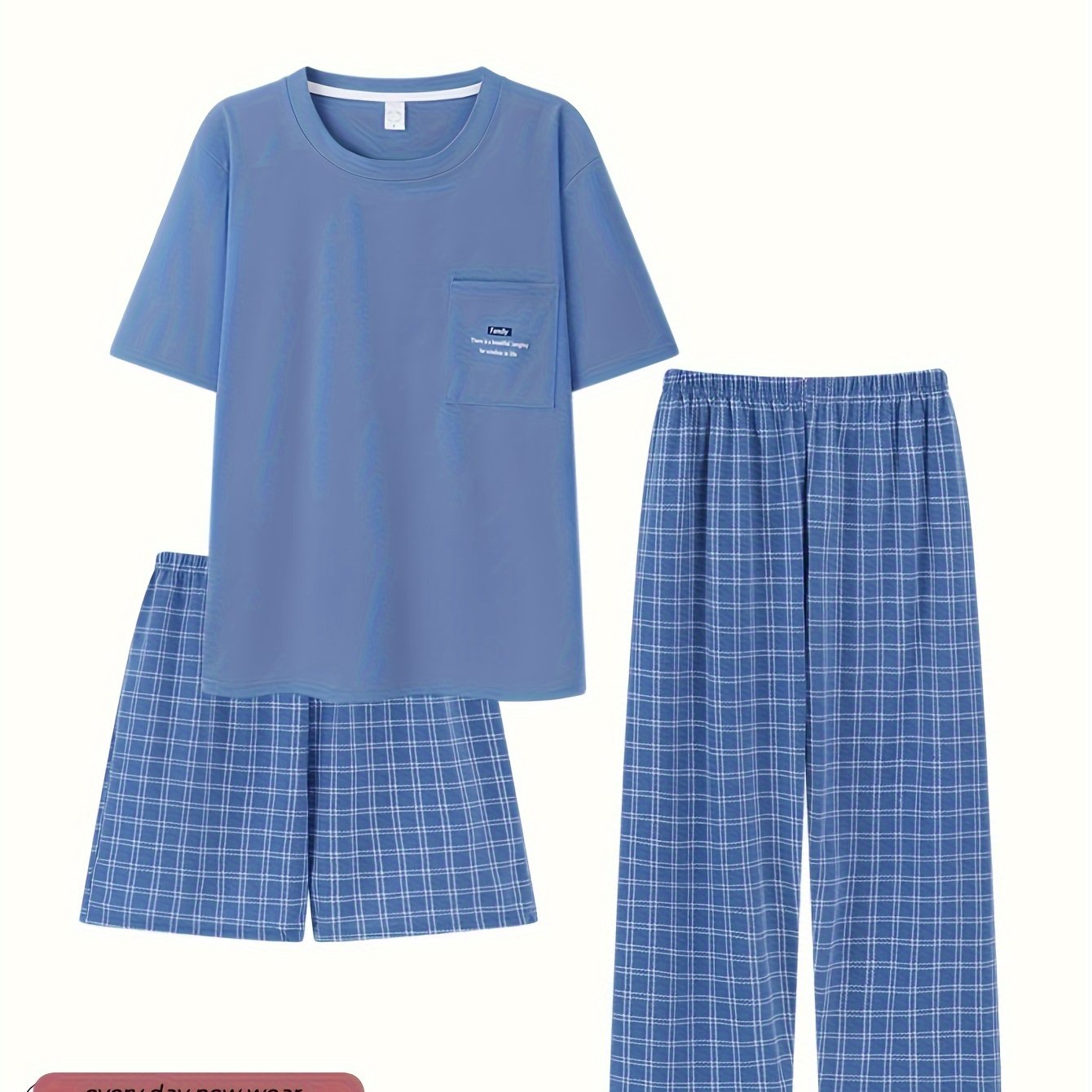 Men's 3-piece pajama set with short-sleeved crew neck top, front pocket, checkered shorts, and long pants for year-round home comfort.