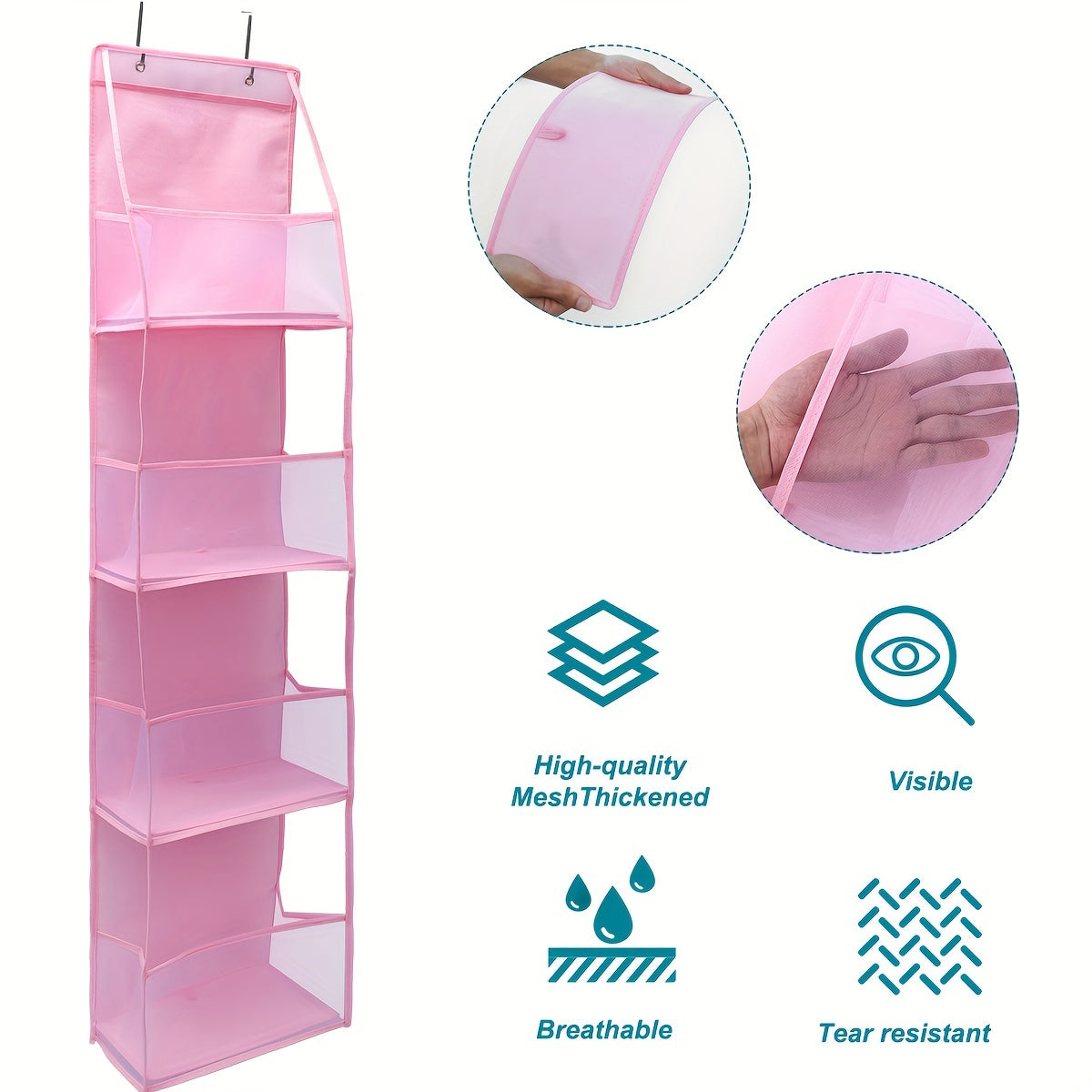 Organize your cosmetics, toys, and sundries with this 1pc Pink Over-the-Door Hanging Organizer featuring 4 pockets, clear window, and reinforced shelves. Perfect for use in the closet, bathroom, bedroom, or dorm. Comes with 2 metal hooks for easy