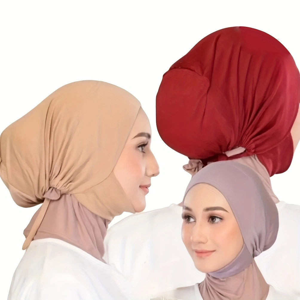 Adjustable women's instant hijab with undercap, solid color, machine washable, perfect for Eid and casual or religious wear. Made of polyester with flowing design.