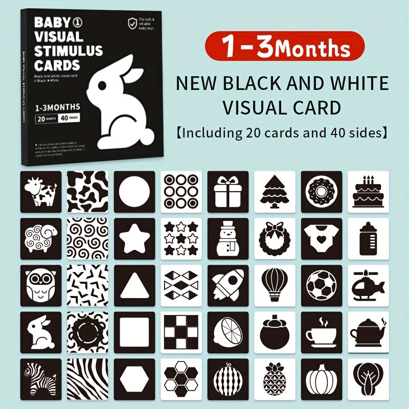 High contrast black and white red cards for visual stimulation and brain development for children up to 6 months. Contains 40 pages of 20 cards.