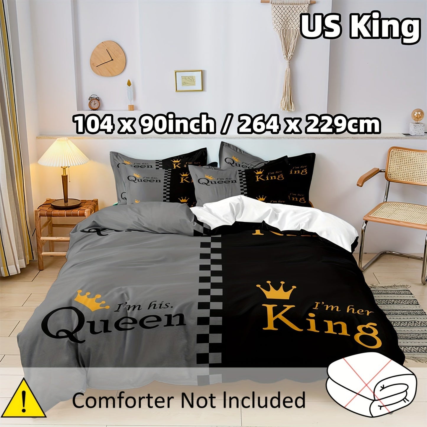 Get the stylish and comfortable 2/3pcs Black and Gray Crown Design Duvet Cover Set. Made of soft, breathable fabric, this set is perfect for both men and women. Choose from Twin, Full, Queen, or King sizes. The set includes 1 Duvet Cover and 1 or 2