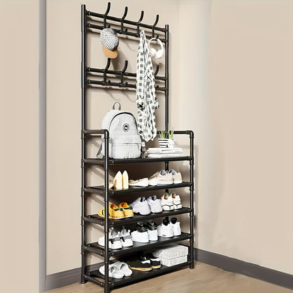 4-Tier Coat and Shoe Rack with 8 Hooks - Stainless Steel - Double Row Organizer for Entryway, Living Room, Bedroom, Office - Black/White