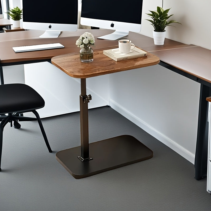 Multi-functional side table with adjustable height, wooden top and iron frame, ideal for various living spaces.