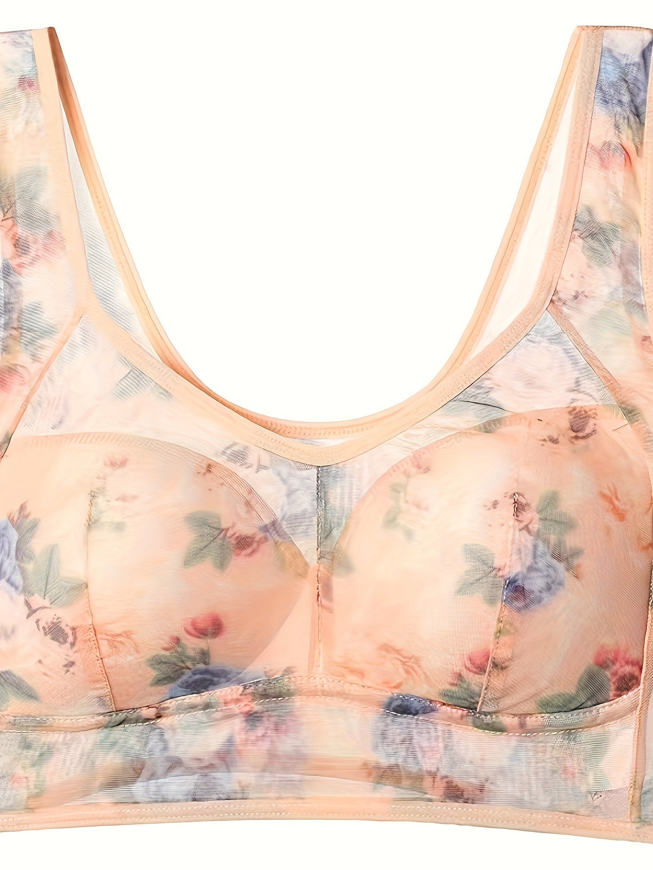 Floral print wireless bralette with sheer mesh back and vintage rose design. Non-padded, full coverage with lift and support. Machine washable, soft nylon blend. Casual lingerie with smooth