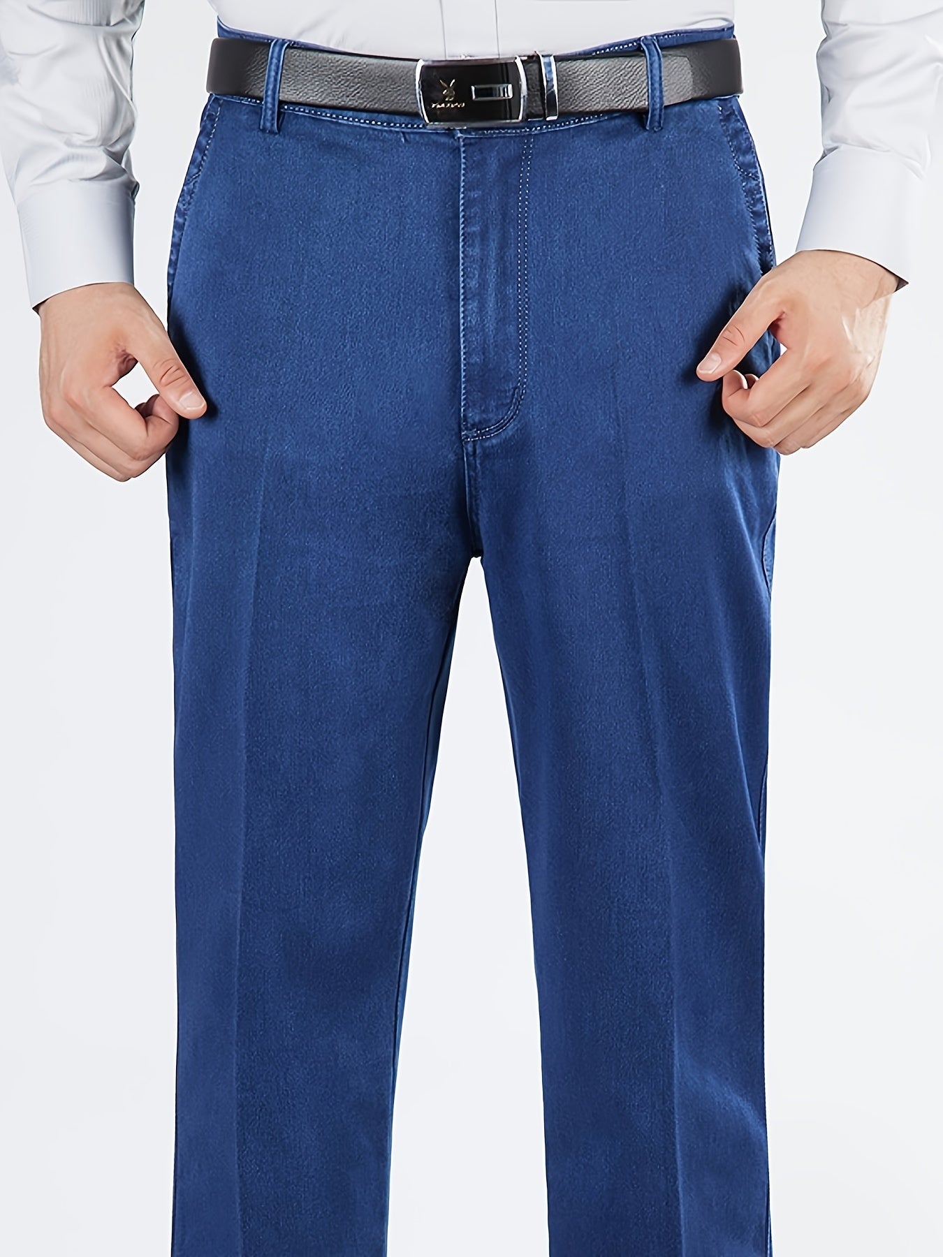 Men's high-waisted denim jeans with deep pockets, made of 85% cotton, 5% polyamide, and 10% other fibers. Features a solid color, regular fit straight leg, zipper fly closure, and washed