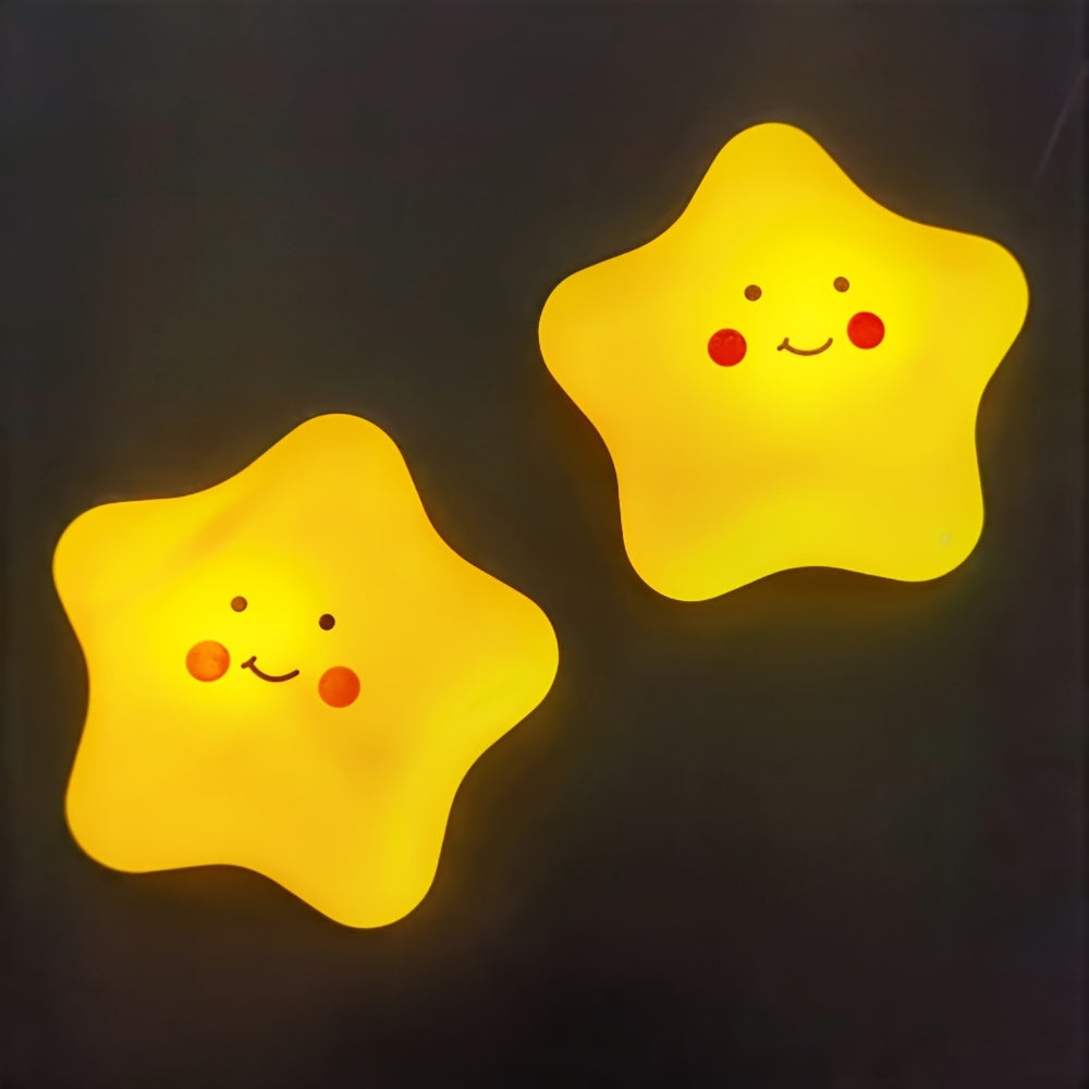 Star-shaped LED night light with cute smile expression, emits soft yellow glow, made of plastic and operates on batteries. Perfect for room decor.