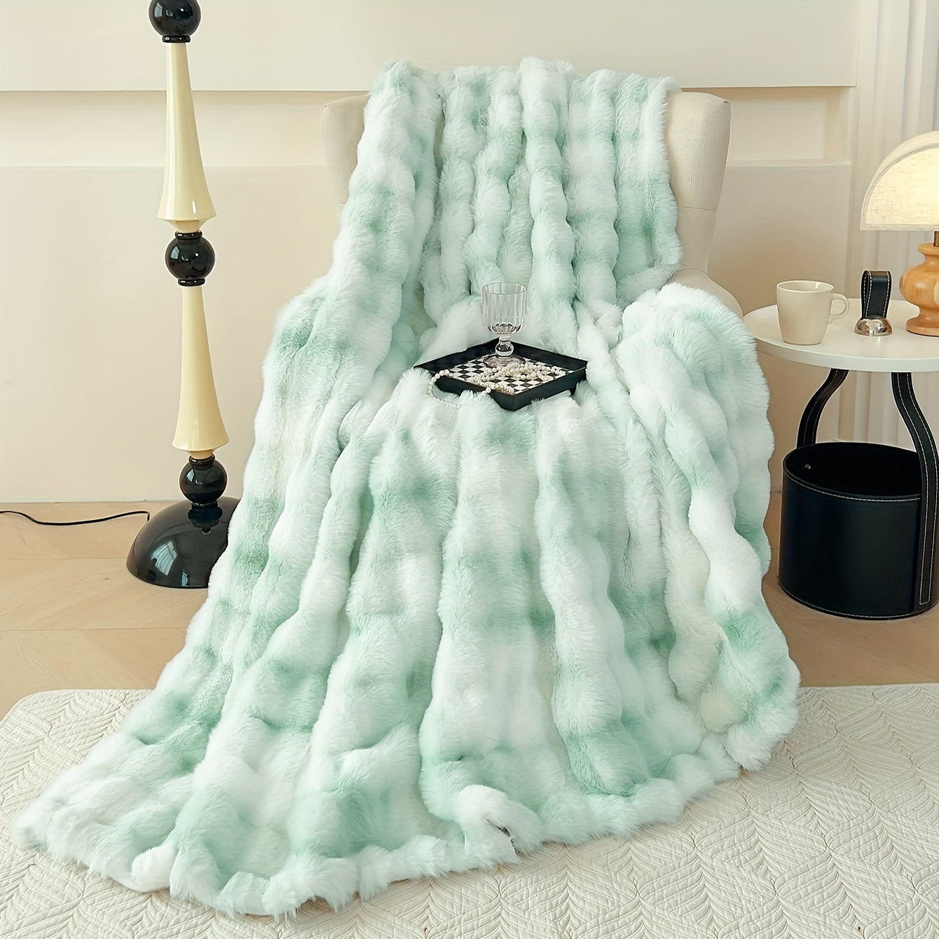 One piece of tie-dye faux rabbit fur blanket with shaggy short plush material for a soft, fluffy bed or sofa blanket, perfect for cozy naps and throws.