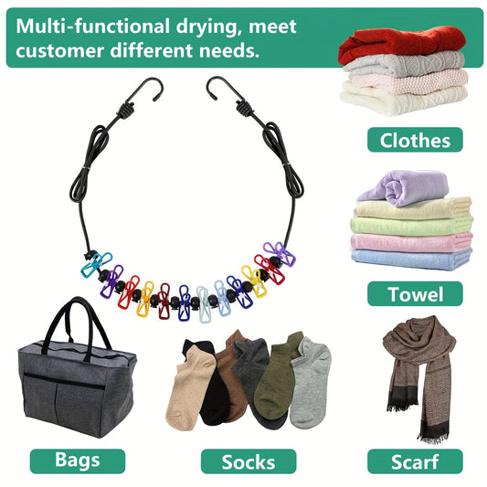 Portable retractable clothesline for travel, includes 2 compact towels and 12 clothespins. Suitable for indoor and outdoor use, perfect for balconies, camping, and available in a variety of colors.