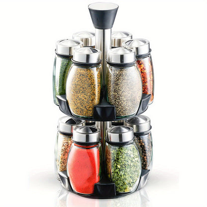 Revolving spice rack set includes 6 or 12 jars with 360° rotation shelf and glass refill containers for cabinet or countertop. Spices not included.