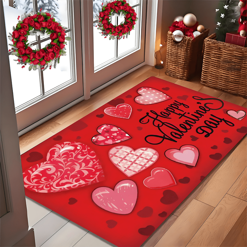 Valentine's Day Welcome Doormat in Love Theme, Crafted from Non-Slip Polyester Flannel, Easy to Wash in Machine, Resistant to Stains & Water, Low Pile Design, Machine-Made, Perfect for Entryways & Bathrooms, Ideal Valentine's Day Gift.