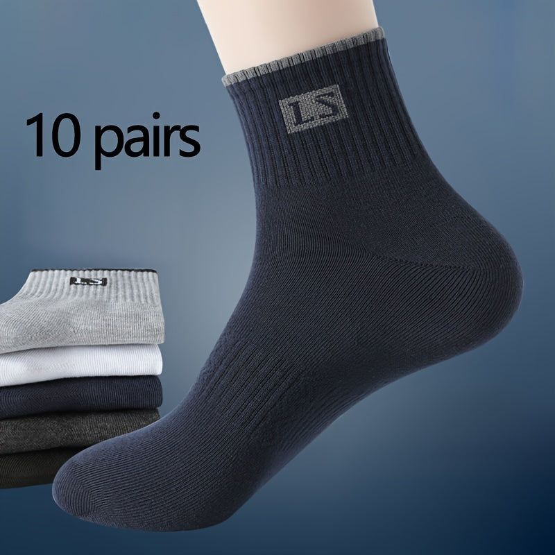 10 pairs of men's trendy solid crew socks, perfect for outdoor wearing in all seasons.