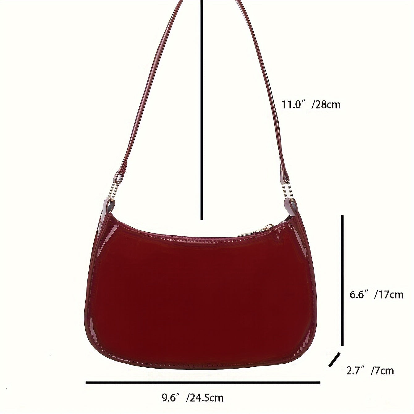 Women's fashion shoulder bag with glitter accents, faux leather handbag in solid colors (black, maroon, red) with zipper closure, oil-edged and solid pattern design, made of faux leather