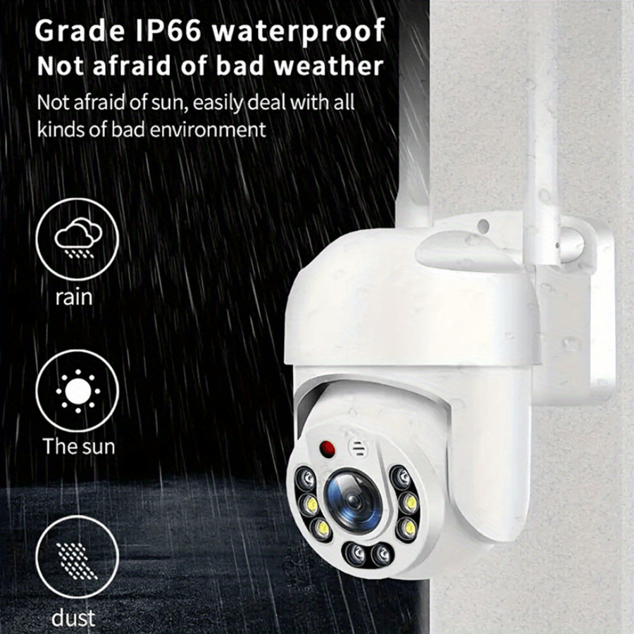 Teruhal Outdoor WiFi Security Camera offers waterproof protection, auto-tracking with a 360° panoramic view, full-color night vision, human motion detection, two-way audio, and USB powered functionality.