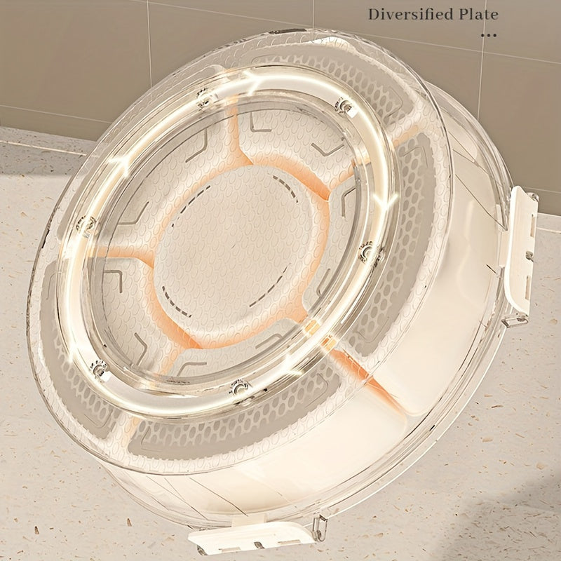 Rotating snack tray with lid for food storage and display, perfect for home, parties, and holidays. Safe for food contact, suitable for various occasions. Ideal for nuts, dried fruit, candy.