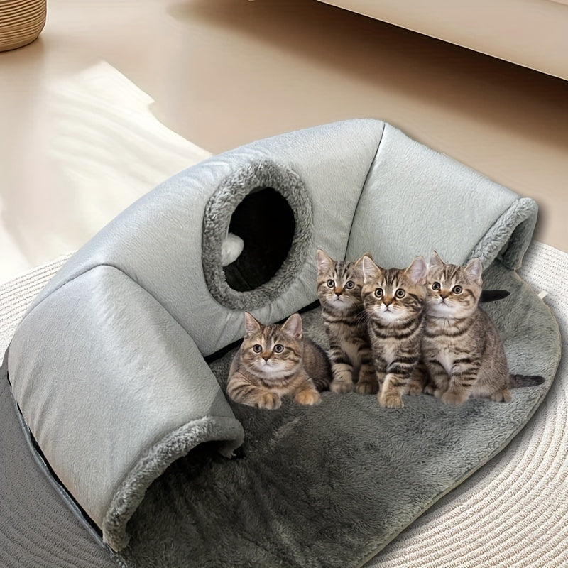 Cozy cat tunnel bed with play mat and warm nest for small to medium pets.