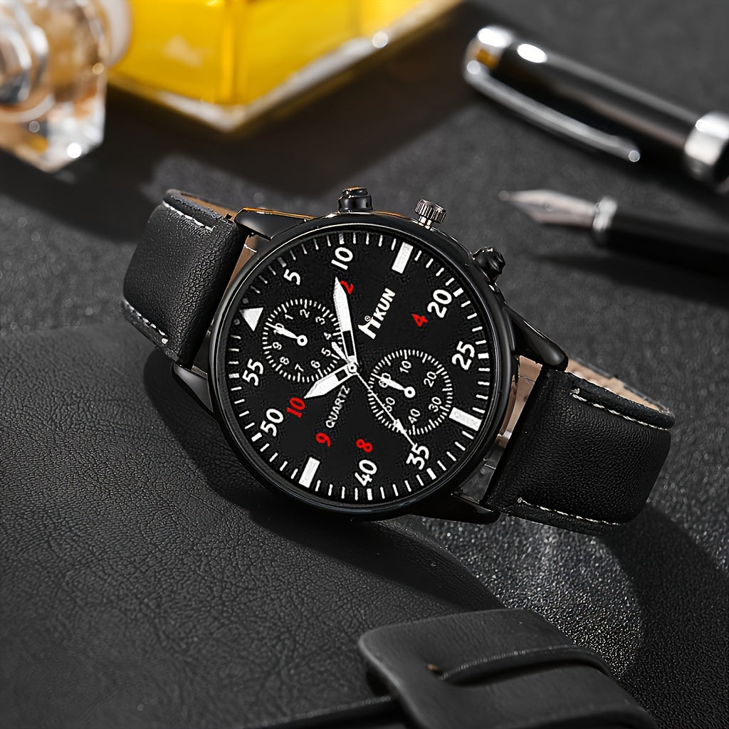 Men's Fashion Accessory Set includes 3 pieces: Quartz Watch with Non-Waterproof Alloy Case, Pointer Display, and Electronic Drive. Battery powered with Faux Leather Strap and Button Battery included. Perfect for Watches, Glasses, and Wallet Combo in