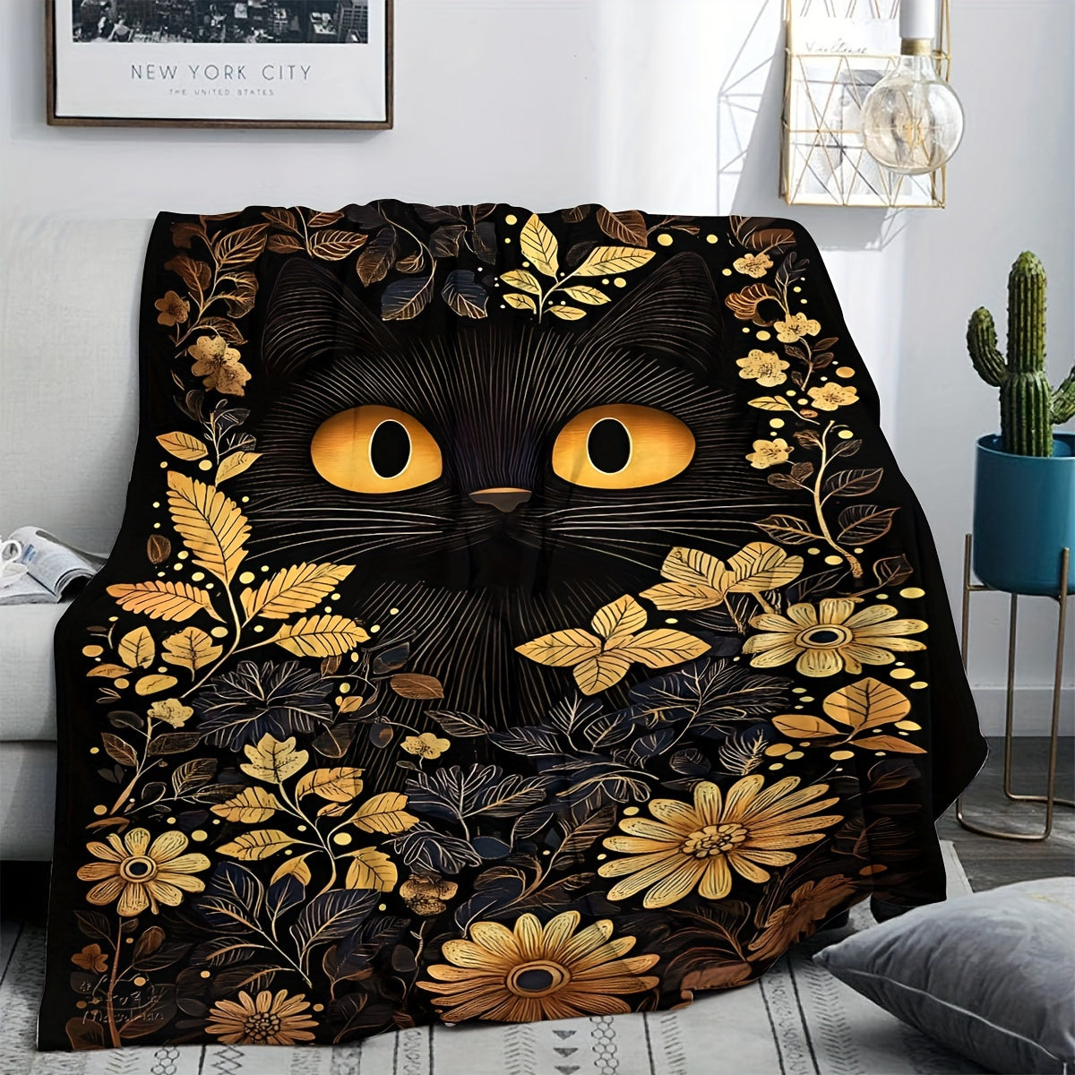 One-piece Halloween Black Cat Soft Plush Throw Blanket featuring a modern style that is suitable for both men and women. This all-season blanket is multifunctional and made from cozy flannel fabric weighing 200-250g. It has a polyester cover with a