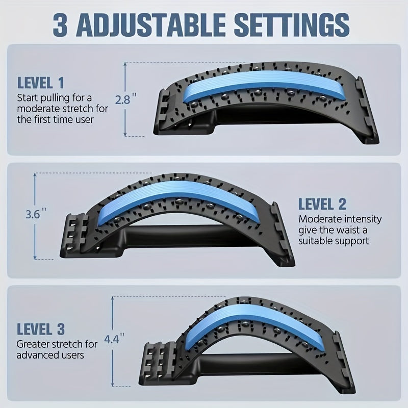 Multi-level back pain relief device with adjustable settings and massager for upper and lower back pain, suitable for use in bed, chair, and car.