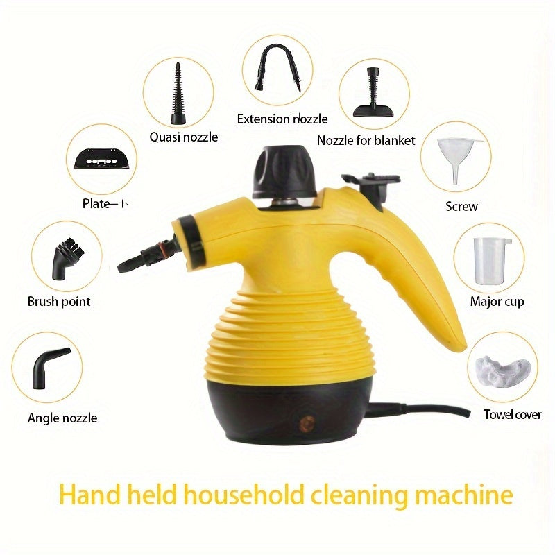 Versatile handheld steam cleaner with 9 accessory kit for easy stain removal on various surfaces. EU plug, 600W+ power.