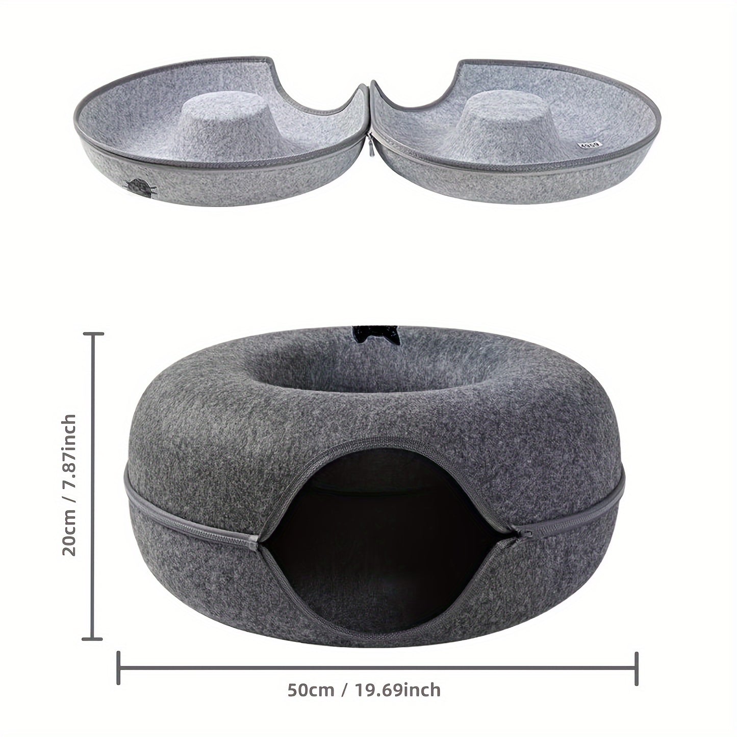 Versatile cat tunnel bed made of cozy wool felt in gray, with foldable design and zippered split for easy cleaning. Perfect for play, sofa, or bed use.