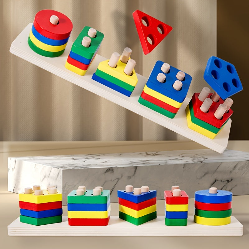 Educational wooden shape sorter puzzle for preschoolers, promotes spatial recognition and cognitive development. Includes 5 column blocks for learning colors. Suitable for ages 18 months