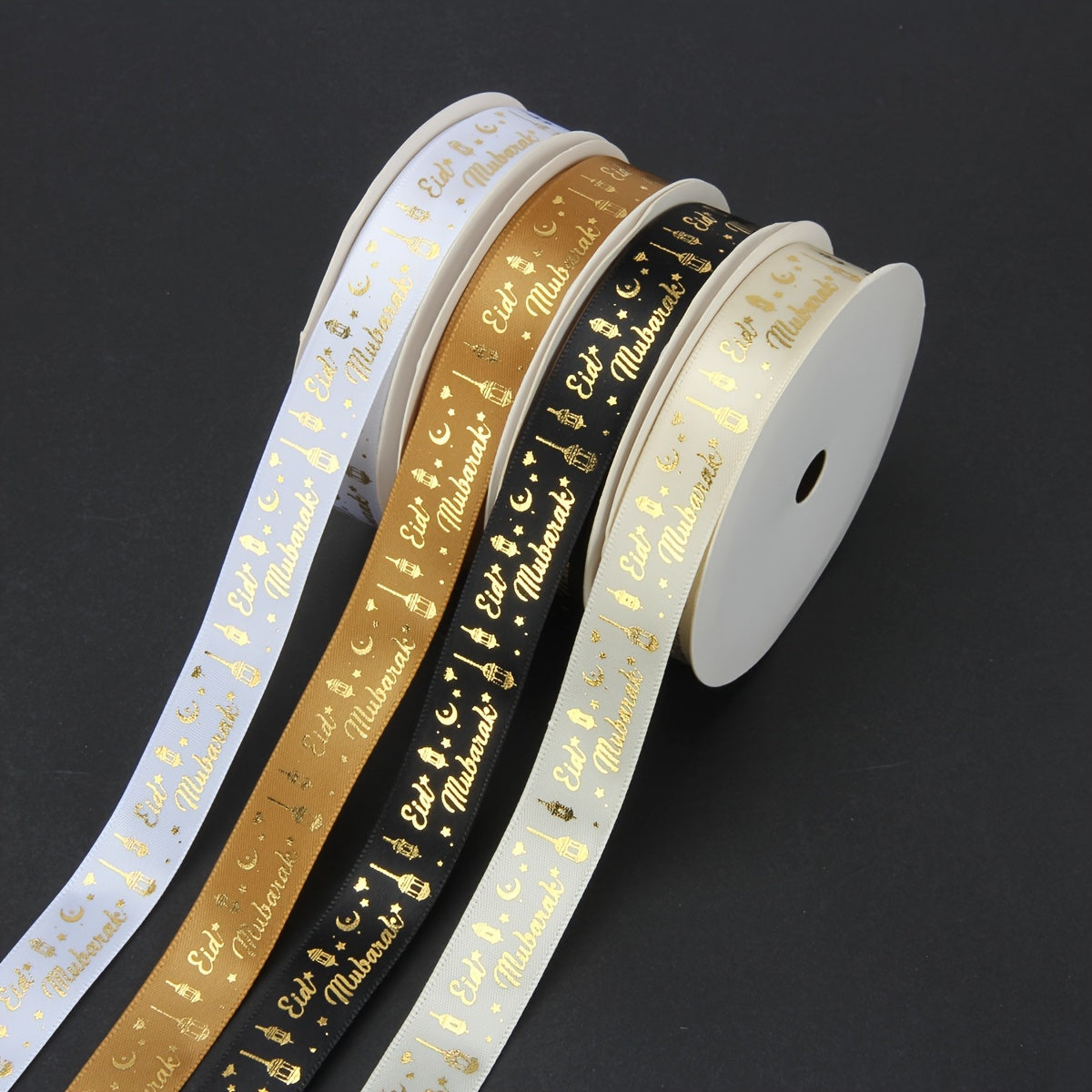 Polyester ribbon with star and moon patterns for Ramadan lantern gift wrapping and festive decorations, suitable for non-waterproof surfaces.