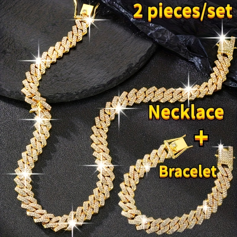 Complete your look with this luxurious set featuring a necklace and bracelet. With a stylish and bold Y2K design, this set includes a stunning rhinestone Cuban lozenge link chain necklace, a hip hop Miami necklace, and a rapper necklace. Elevate your