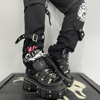 Women's gothic black high-top sneakers with platform heel, round toe, lace-up closure, non-slip sole, metal decoration, and thick high heel sole.