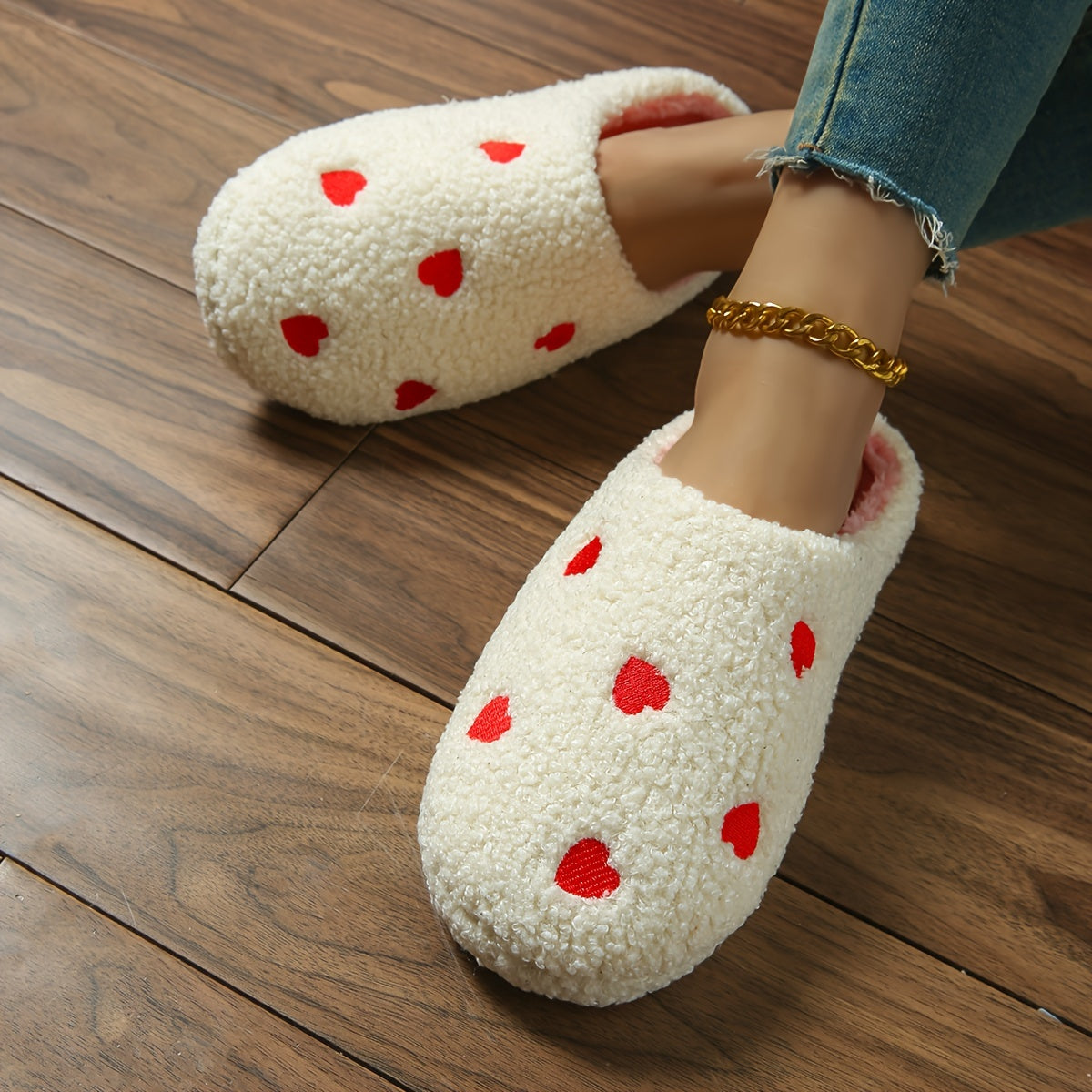 Stylish heart embroidered slippers, cozy and warm with low heel, perfect for indoor wear in all seasons.