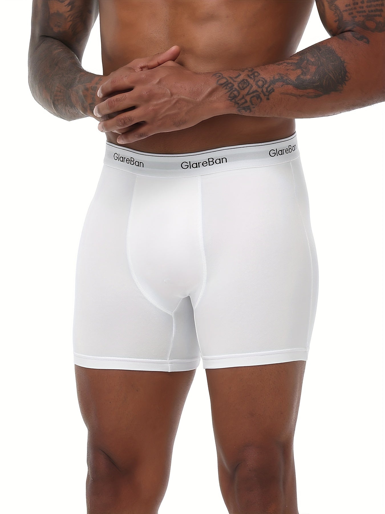 5 Men's white boxer briefs made of comfortable polyester and elastane blend, machine washable.