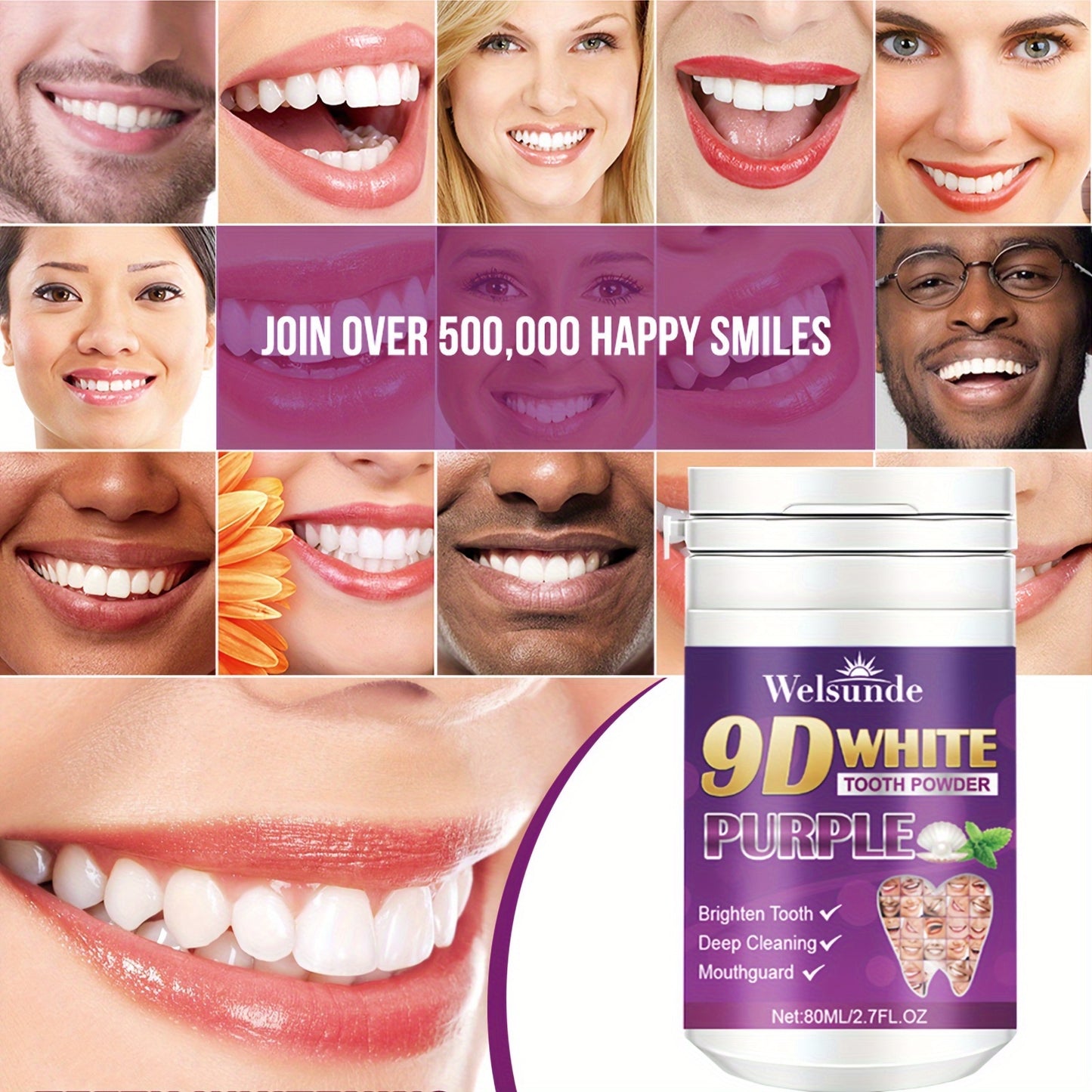 Purple tooth powder for men and women, offers fresh breath and travel convenience.