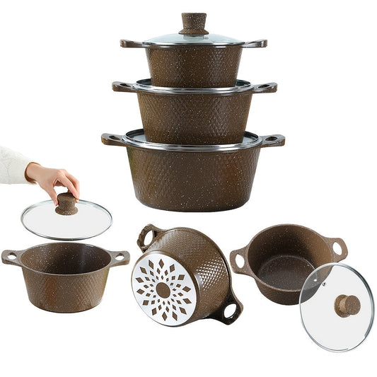 Multi-functional kitchenware set including a soup pot, non-stick frying pan, stew pot, and stir-fry pan in a stylish coffee color, suitable for use on open fire or gas stoves.