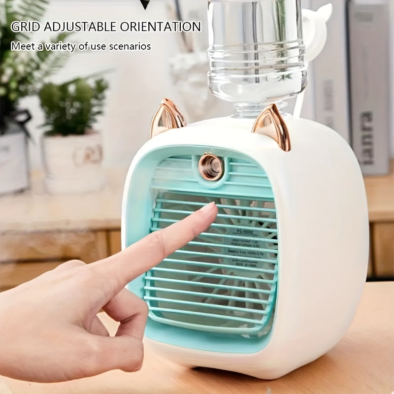 Mini air conditioning fan with USB charging and water-cooling feature, perfect for desktop use. Comes with three gears and a 1200mAh battery. Can also be used as a humidifier. Ideal as a family birthday gift for friends.