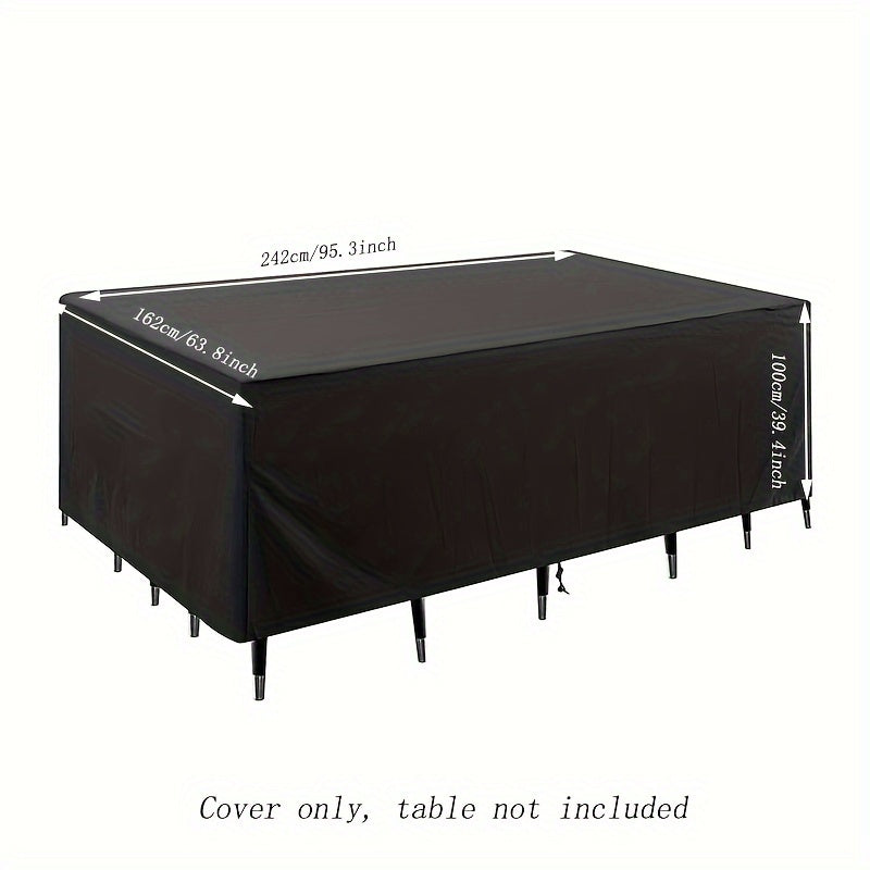 Waterproof outdoor sofa cover made of 210D Oxford fabric with drawstring closure and button fasteners. Black color, all-season garden furniture protector.