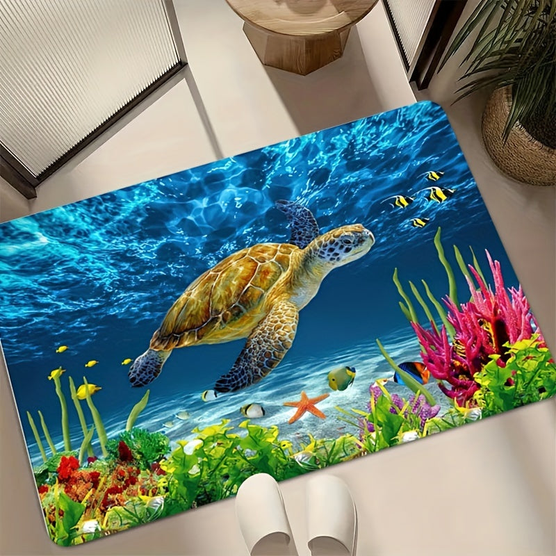 Soft Non-Slip Bath Rug featuring a Sea Turtle Pattern, Absorbent Carpet for Home Living Room Bathroom. Funny and Stylish Home Decor Accessory.