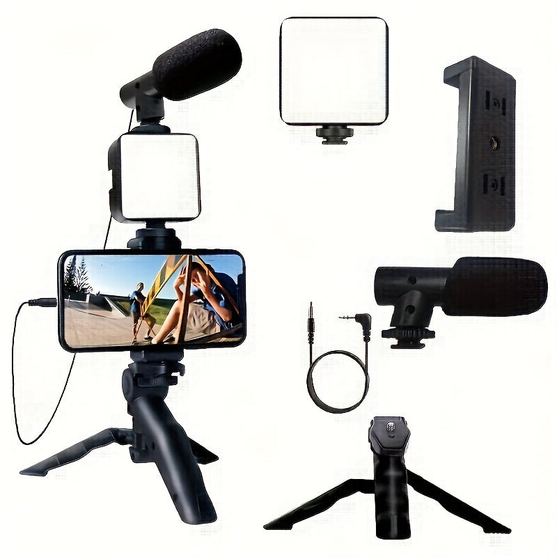 5-in-1 Smartphone stabilizer with LED fill light, tripod stand for selfie, outdoor, interviews, day & night shooting; no charging or batteries needed.