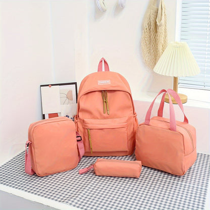 Set of 4 backpacks, cross body bag, handbag, and pen bag in classic solid colors. Suitable for both women and men for casual travel with large capacity. Ideal for schoolgirls and students