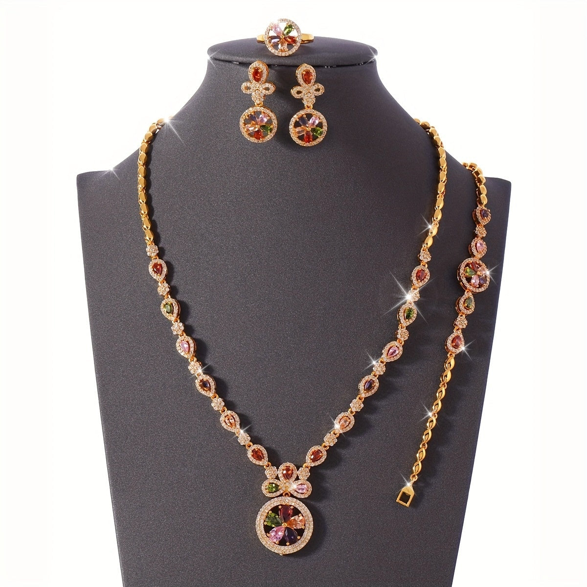 Elegant Women's 4-Piece Jewelry Set with Vintage Luxury Vibe - Featuring 24K Gold Plated Copper and Synthetic Zirconia Stones in a Timeless Circle Motif. Includes Necklace, Bracelet, Ring, and Earrings - Perfect for Weddings, Banquets, or as a Thoughtful