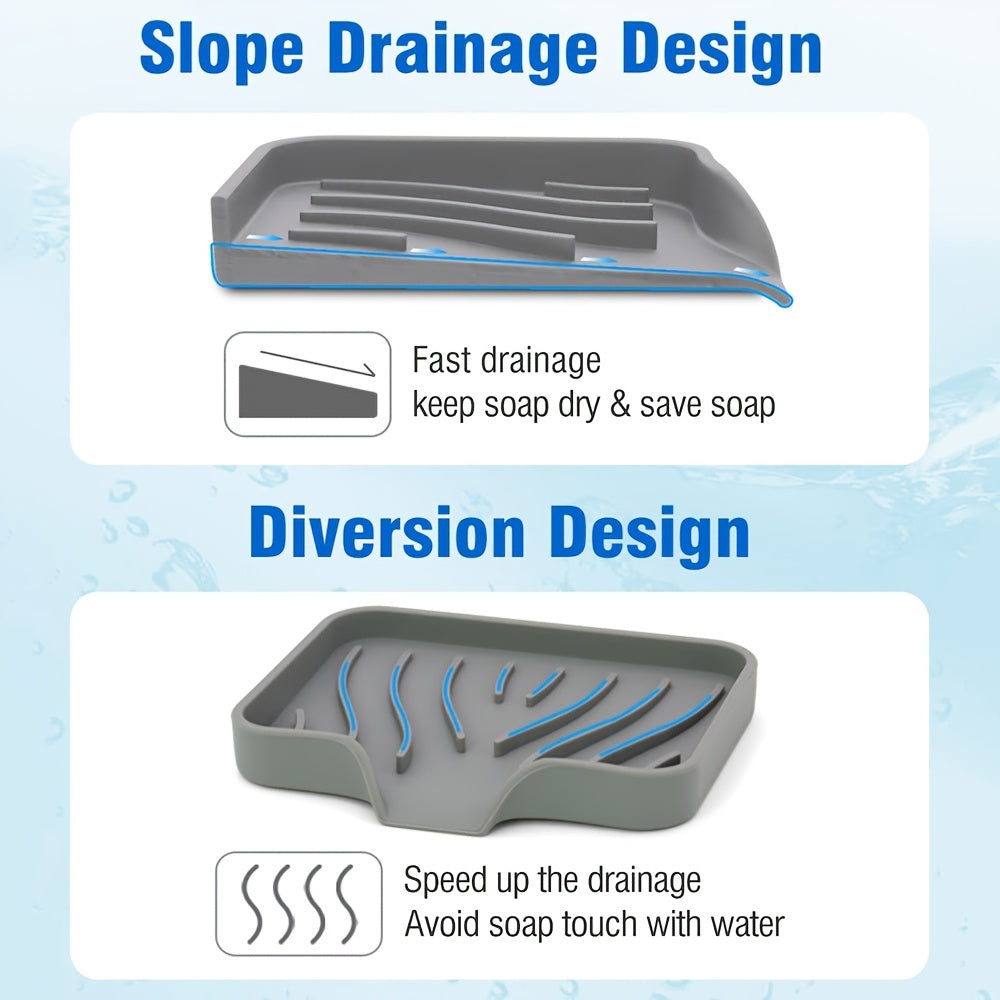 Silicone soap dish with self-draining design for countertop or sink storage in bathroom.