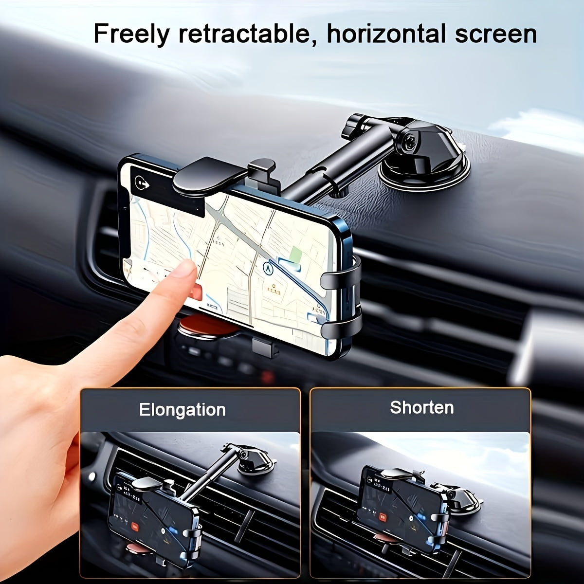 Universal car phone holder with adjustable suction cup, 360° rotating dashboard mount made of ABS material. Suitable for smartphones.