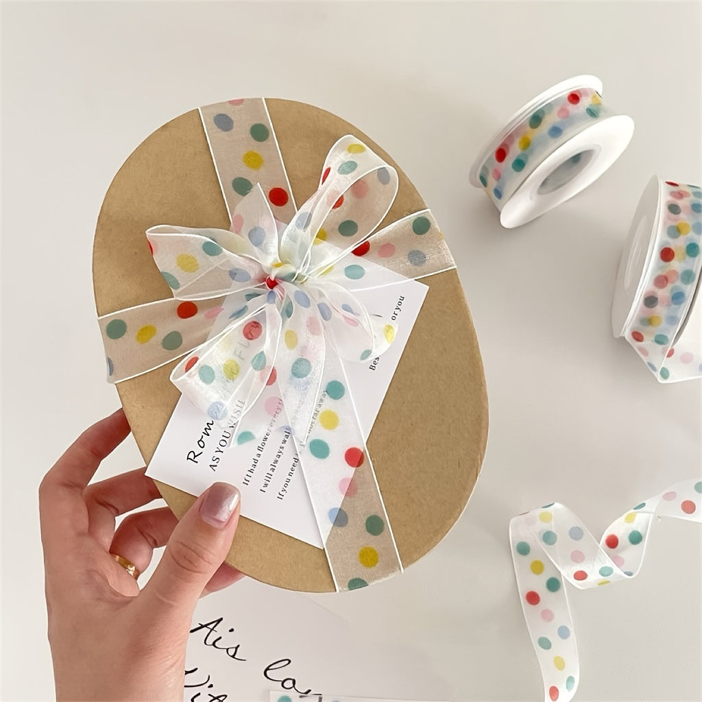 Bright polka dot satin ribbon for gifts and baking - perfect for holidays, birthdays, and any occasion.