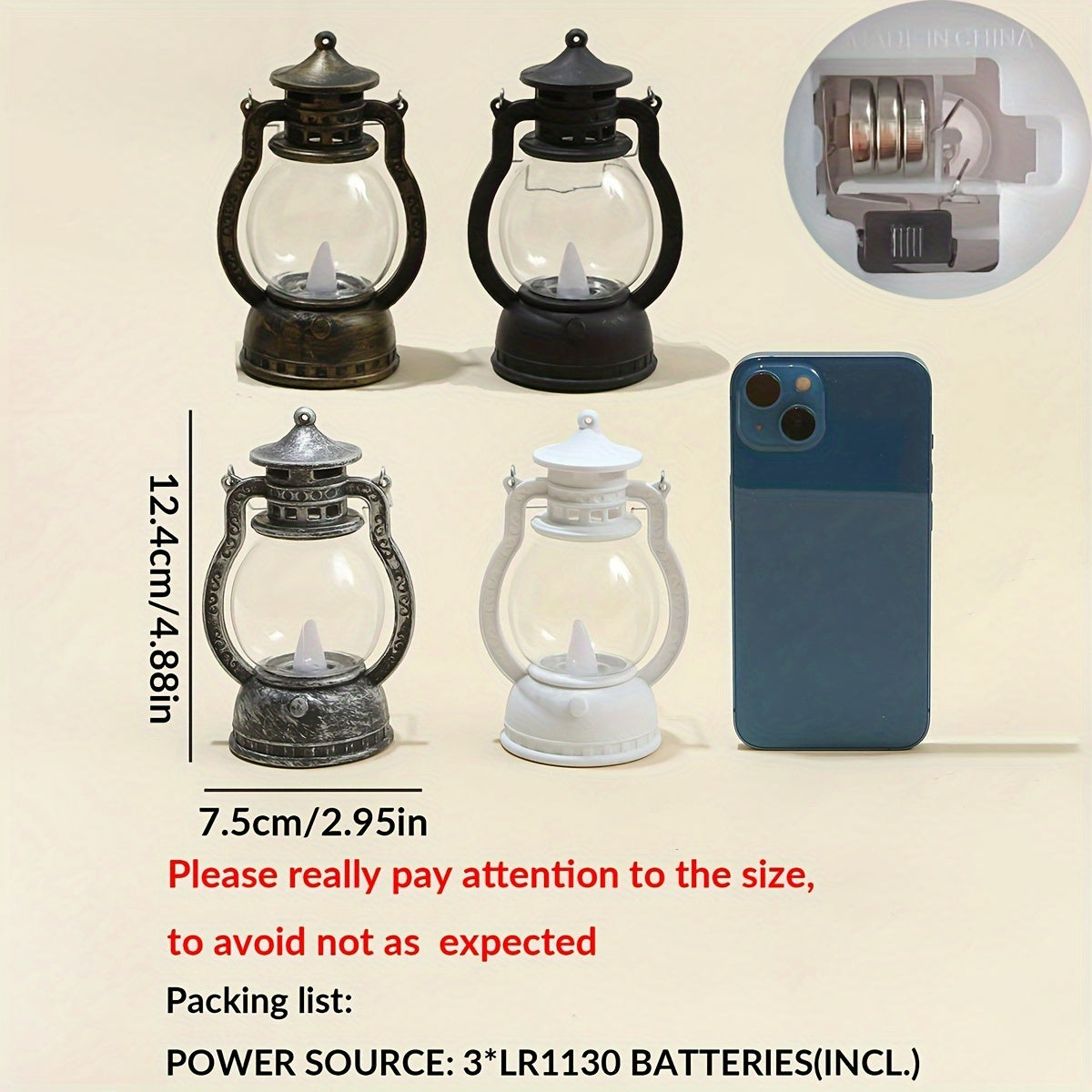 Mini LED lantern with battery included, ideal for decoration in bedroom, desk, wedding, party, or holidays. Made of plastic with faux candle light, non-rechargeable button battery included.