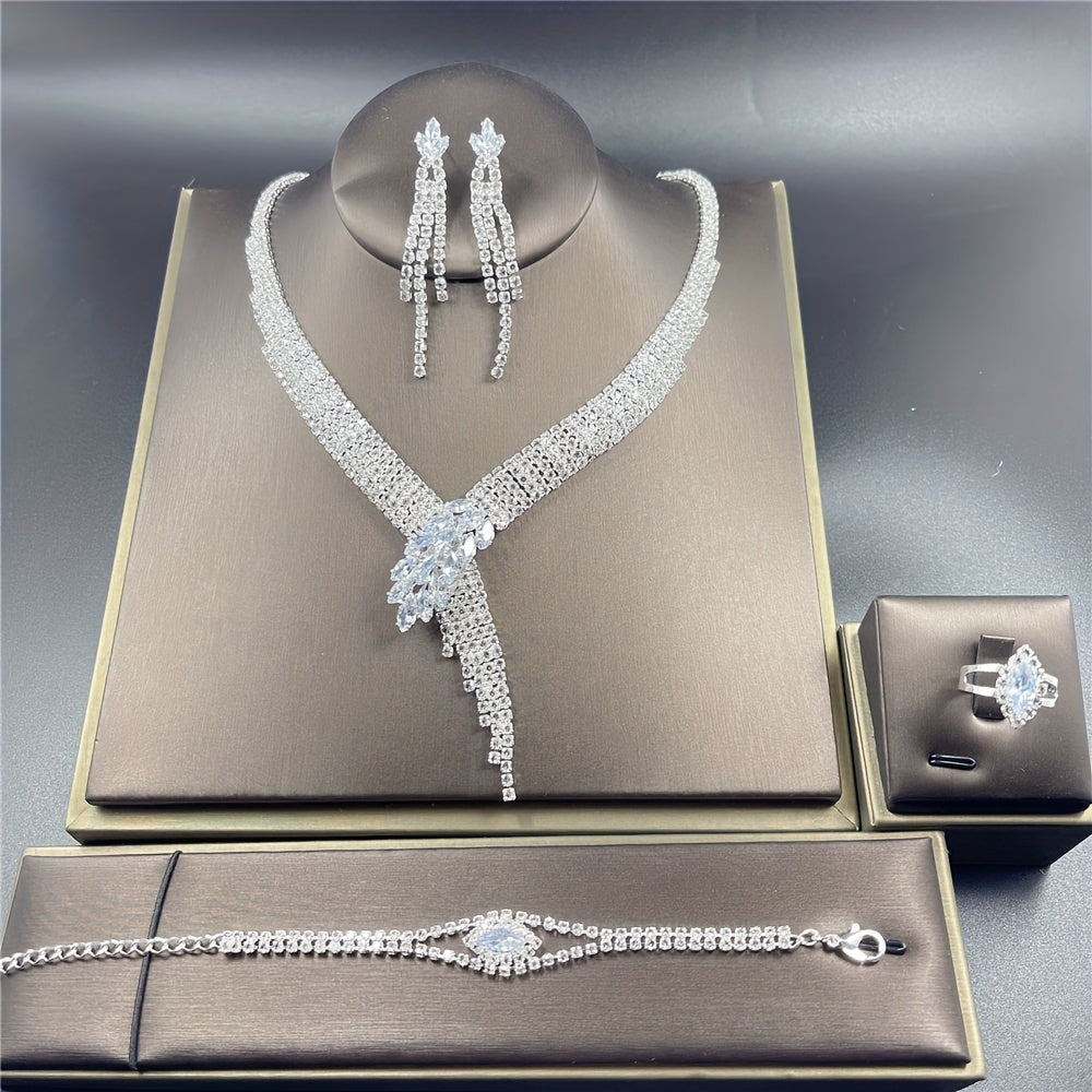 Extravagant 4-piece Rhinestone Tassel Jewelry Set - Includes Necklace, Earrings, Bracelet, and Ring - Ideal for Special Events and Formal Occasions