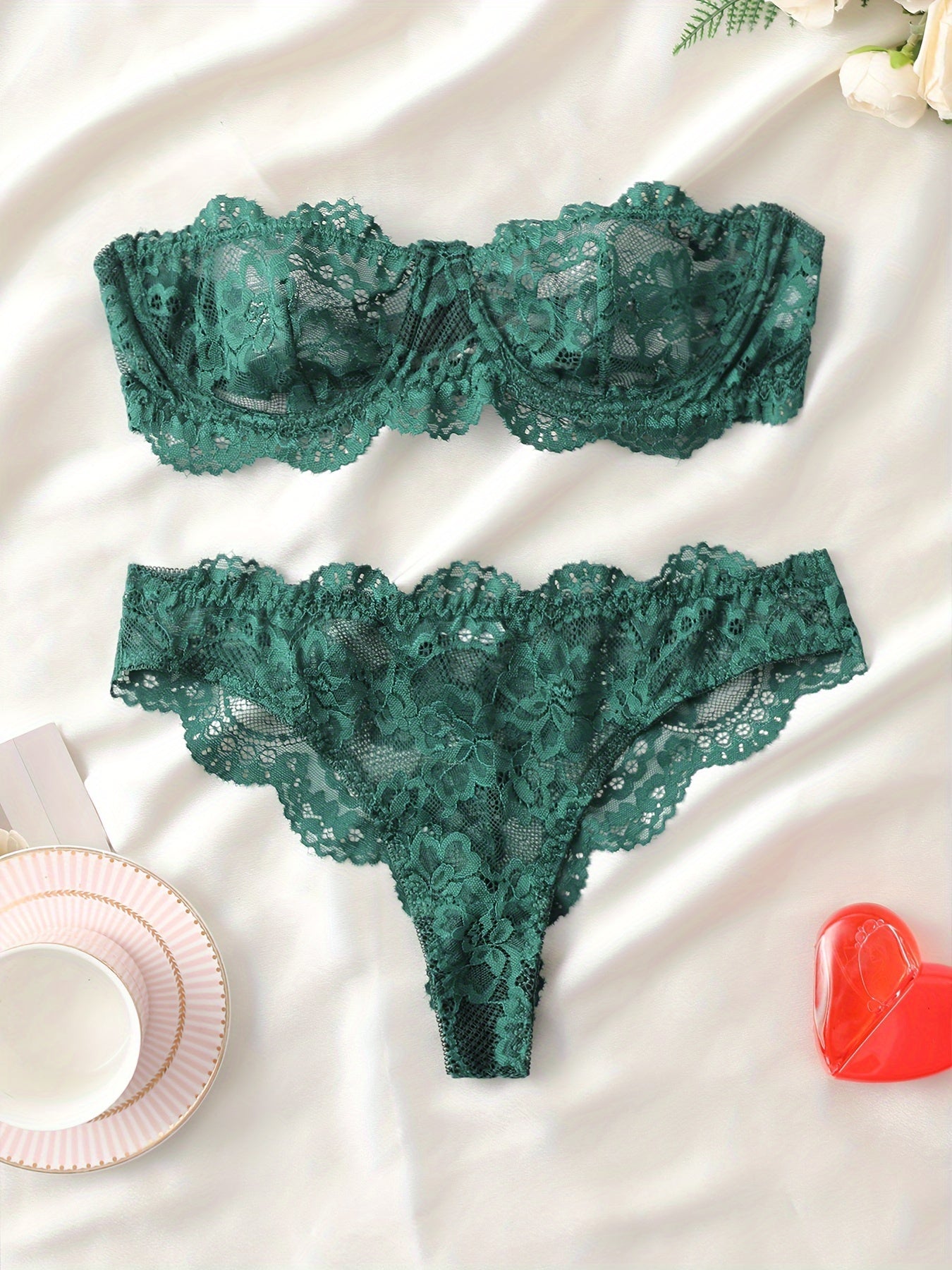 Beautiful lace lingerie set with mint accents, featuring a sexy European and American French style.