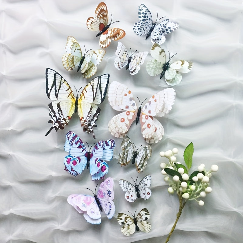 12 pieces of 3D magnetic butterfly wall stickers made of contemporary animal print PVC with a metal surface. They are self-adhesive, reusable, irregularly shaped, and have a matte finish. Suitable for home and kitchen decor.