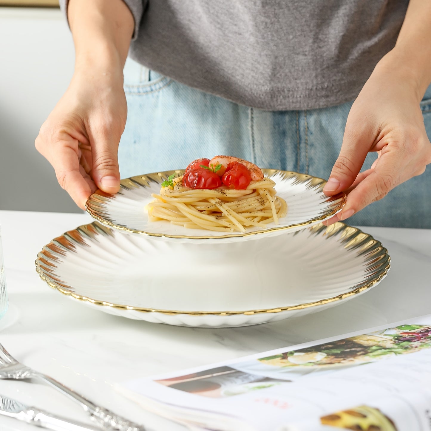 Set of 4 ceramic plates with golden rim, perfect for pasta, salads, and desserts. Dishwasher safe, ideal for home, dorms, and restaurants. Great housewarming gift.